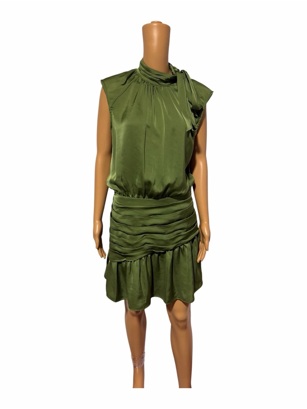 Ramy Brook Olive Green Sleeveless Tie-Neck Mini Dress